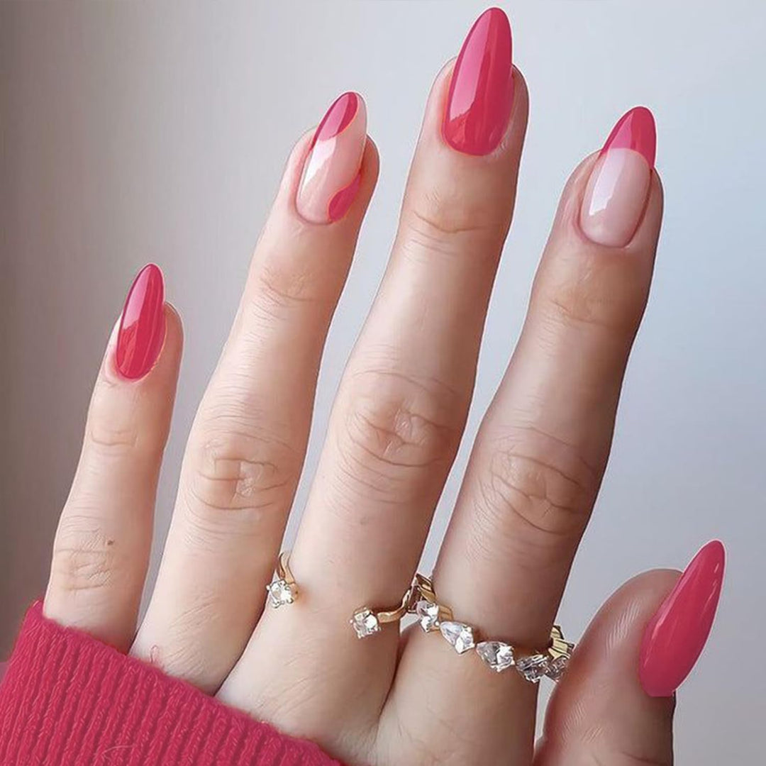 GLAMERMAID Hot Pink Press on Nails Medium Almond, Nude French Tip Fake Crush Nails,Shrimmer Stiletto Fake Nails, Short Oval Stick Glue on Nails Tips for Women, Reusable Acrylic False Nail Kits