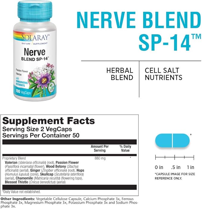 SOLARAY Nerve Blend SP-14 | Homeopathic Nutrients | Healthy Relaxation, Calming & Sleep Support | 50 Serv | 100 VegCaps