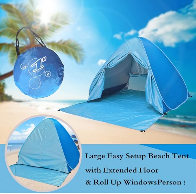 Large Pop-Up Beach Tent, Portable Camping Tent Sun Shade Shelter Pop Up Instant Portable Outdoors 2-3 Person Beach Cabana Sets Up in Seconds, Water-Resistant UV Protection Sun Shelter