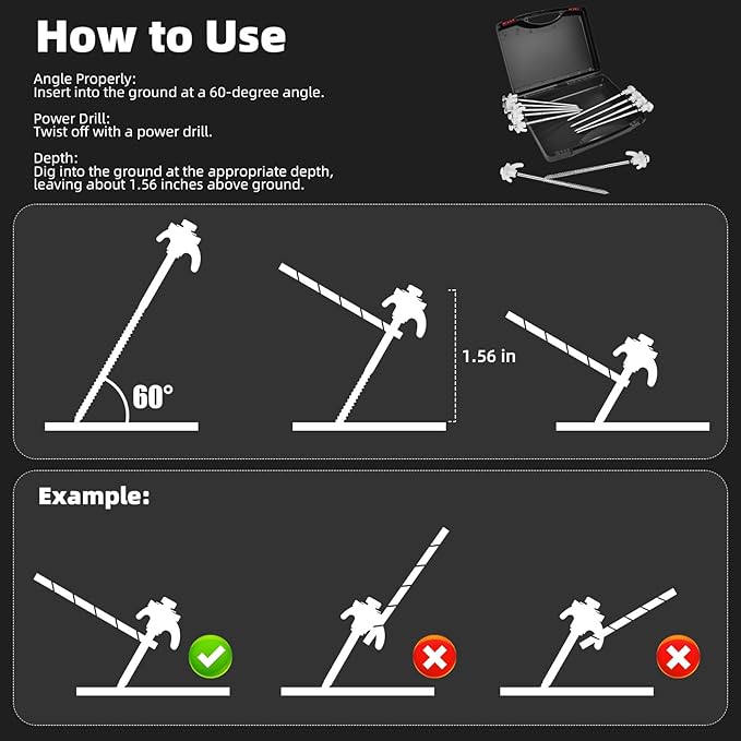 12 Pack Tent Stakes Heavy Duty 8 Inch Ground Anchor Screw Camping Stakes with Luminous Head Metal Threaded Tent Pegs, Includes Hex Head Driver and Storage Box