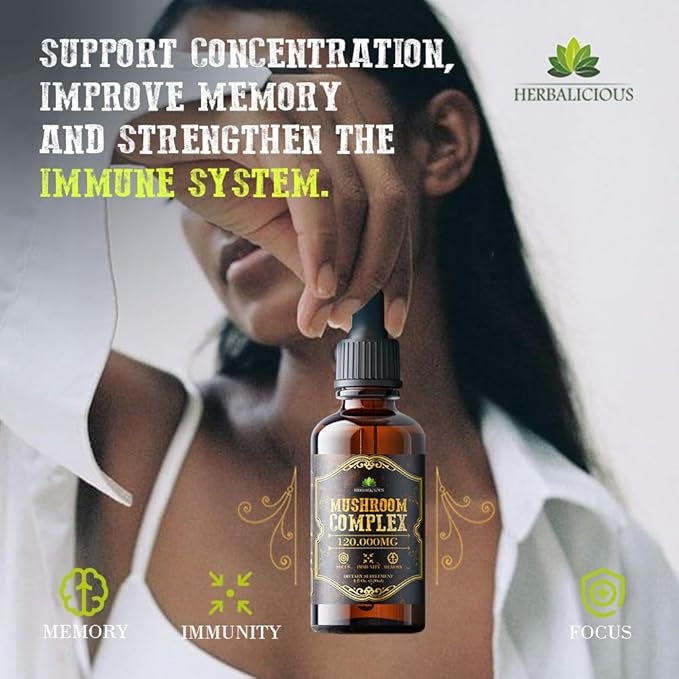 Mushroom Complex Supplement – 8 Mushroom Blend for Focus, Memory & Immune Support – High Potency 120,000mg Mushroom Supplement with Lion’s Mane, Reishi, Cordyceps, Chaga – 4 fl oz