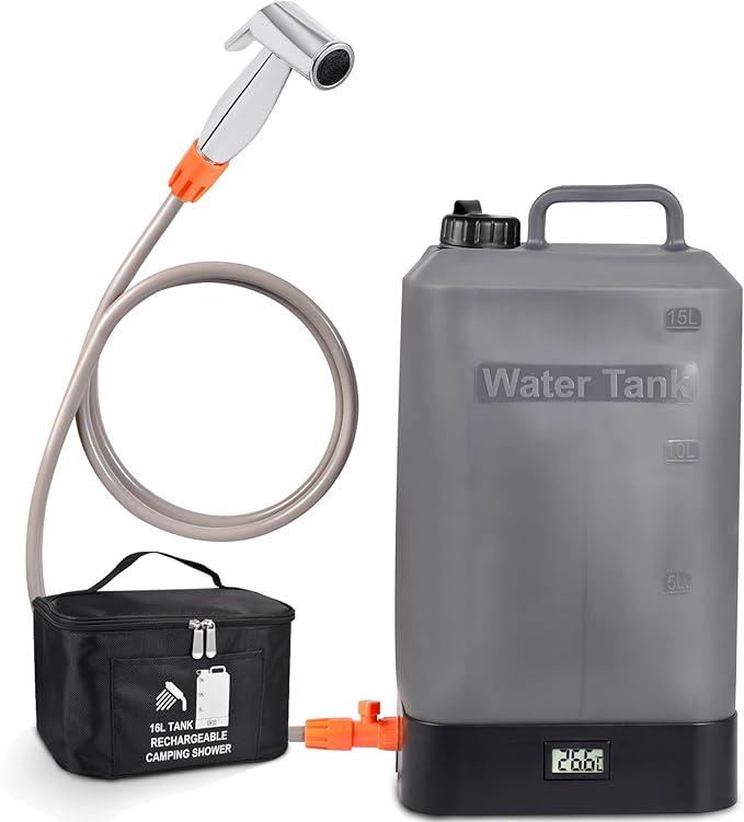 B. TAWD 4.5 Gallon Silicone Water Tank, Portable Camping Shower, USB Battery Charging, Solar Heating, with Shower Head, Electric Portable Outdoor Shower, Built-in Thermometer, Beach, Camping, Hiking