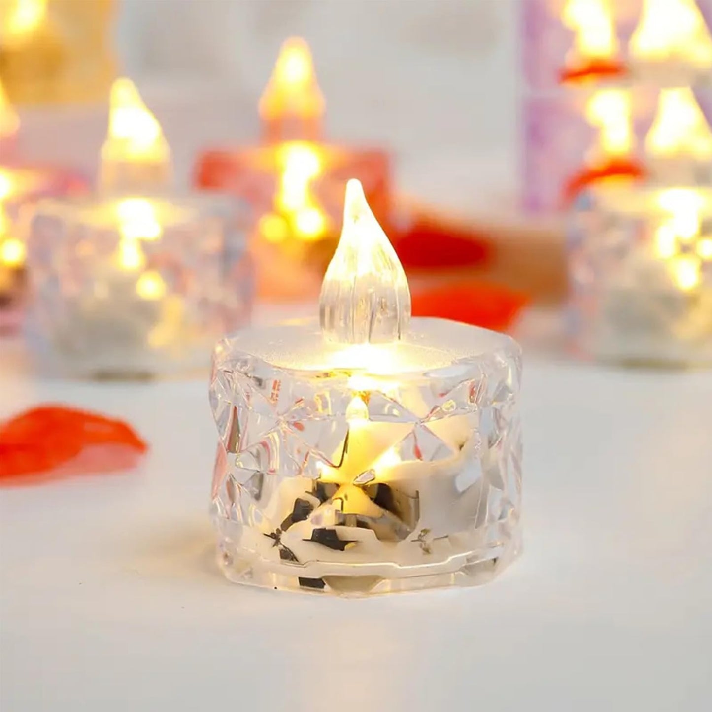 24 Pcs LED Tea Light Candles, Transparent Rhombus Crystal Warm Lights, Battery Operated Fake Candles Light, Battery Tea Lights Non Flickering for Votive Party Wedding Birthday Home Decoration