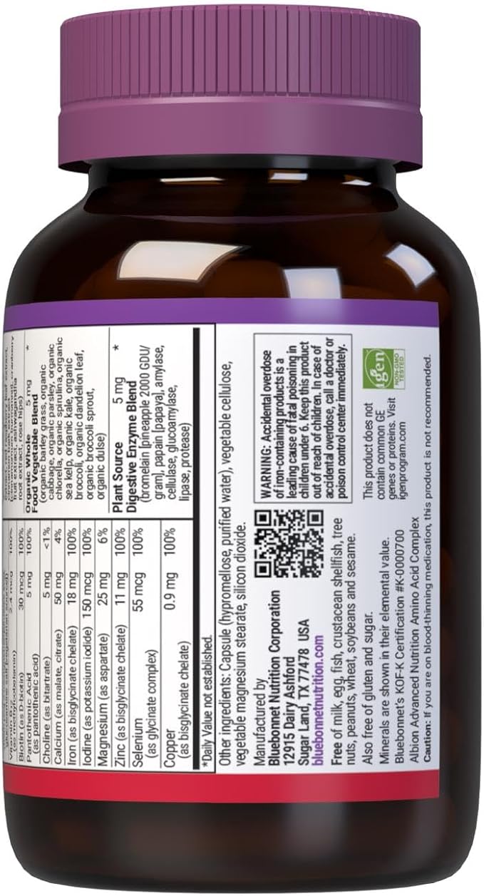 Bluebonnet Nutrition Ladies One Organic Vegetable Capsule, Whole Food Multiple, K2, Energy, Vitality, Non-GMO, Gluten, Soy & Milk Free, Kosher, 1 Month Supply, Light Grey, 30 Count