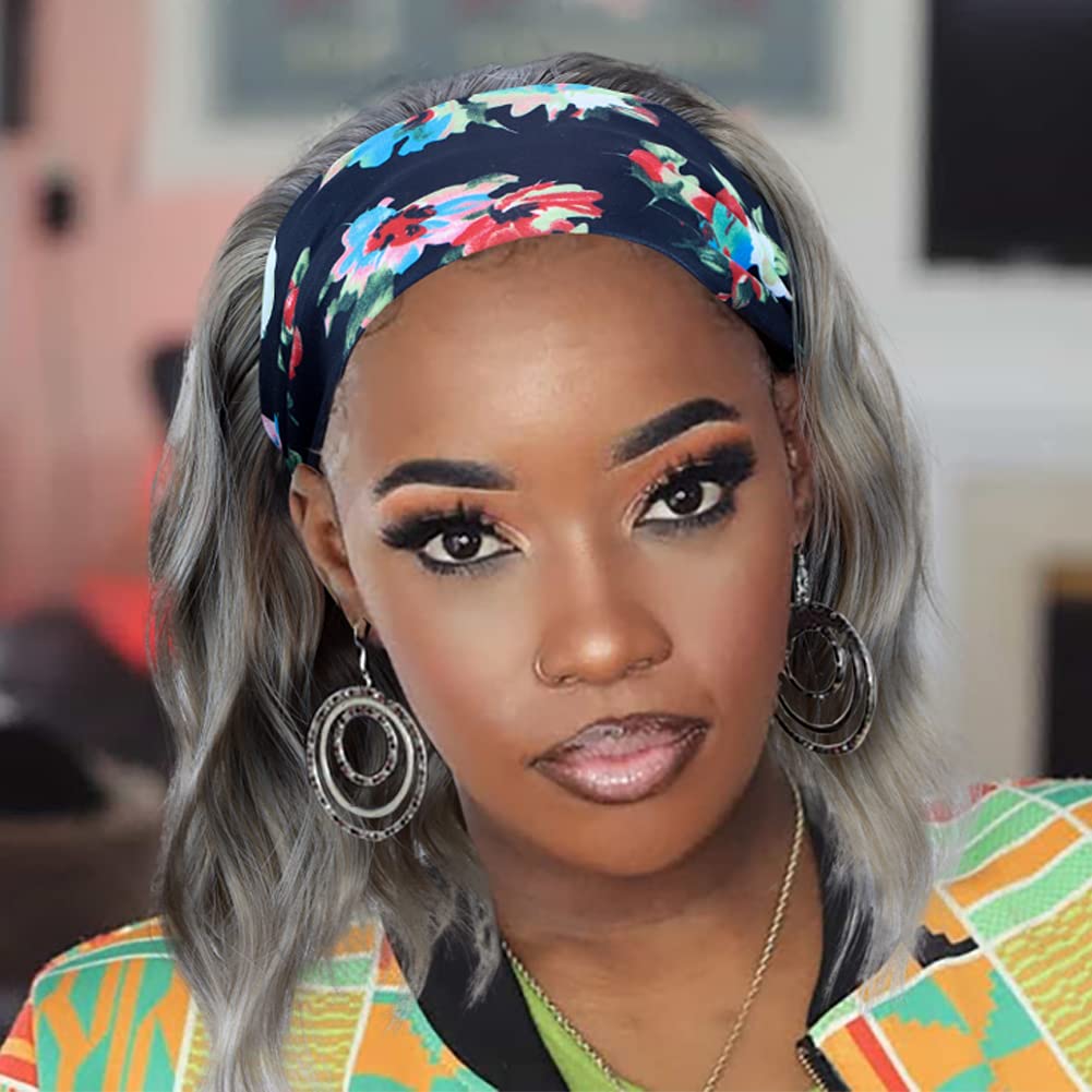 Symeiw Silver Grey Wavy Headband Wig For Black Women Curly Half Wigs With Headband Attached Synthetic Wrap Wigs Turban Wigs For