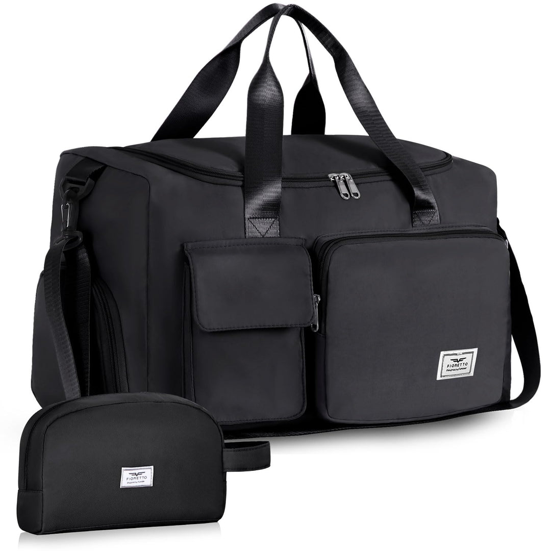FIORETTO Women's Water-Resistant Gym Duffle Bag with Shoes Compartment, 37L Capacity, Multi-Functional, Ideal for Travel, Gym, Sports, Weekender, with Toiletry Bag, Black