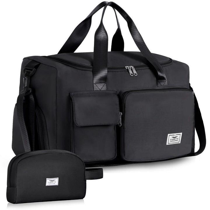 FIORETTO Women's Water-Resistant Gym Duffle Bag with Shoes Compartment, 37L Capacity, Multi-Functional, Ideal for Travel, Gym, Sports, Weekender, with Toiletry Bag, Black