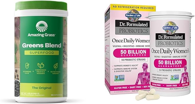 Amazing Grass Greens Blend Superfood: Super Greens Powder Smoothie Mix & Garden of Life, Dr. Formulated Women's Probiotics Once Daily, 16 Strains