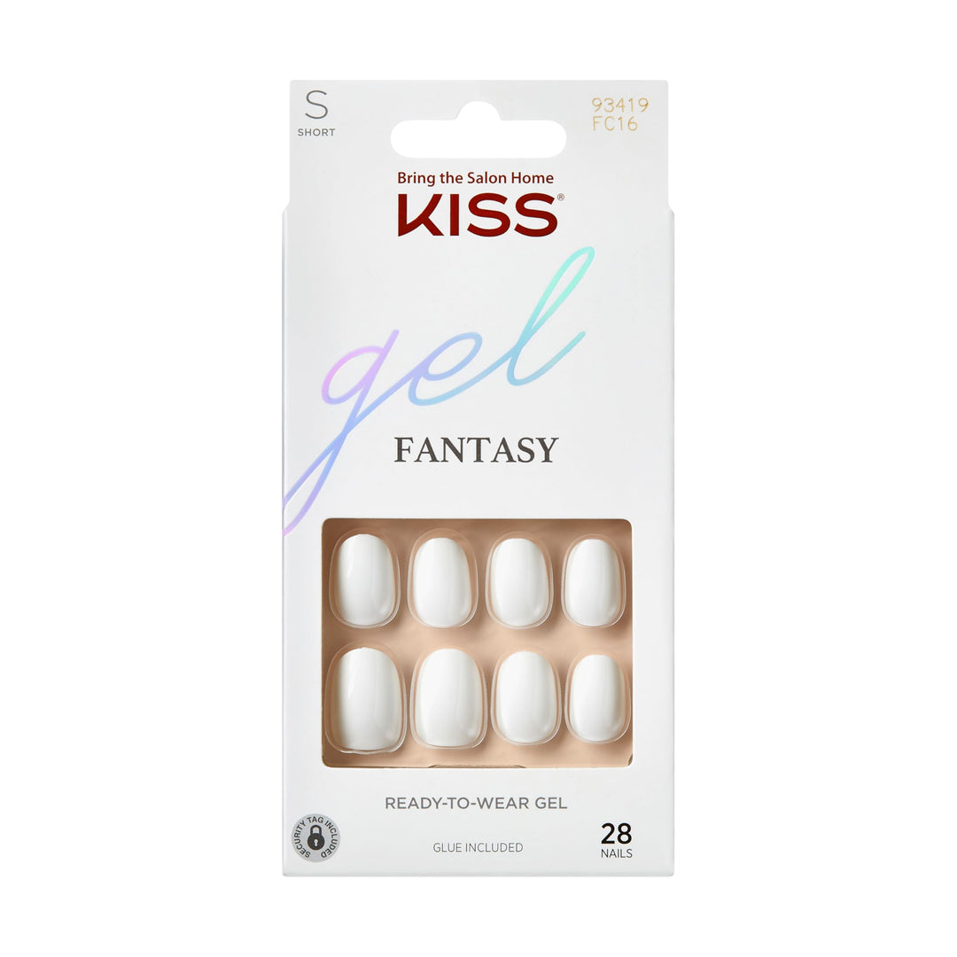 Kiss Gel Fantasy, Press-On Nails, Nail Glue Included, 'Happy Hands', White, Short Size, Oval Shape, Includes 28 Nails, 2G Glue,