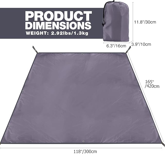REDCAMP Large Waterproof Camping Tarp Lightweight, Multifunctional Insulated Tent Footprint for Camping Hiking Backpacking, Grey 118"x165"