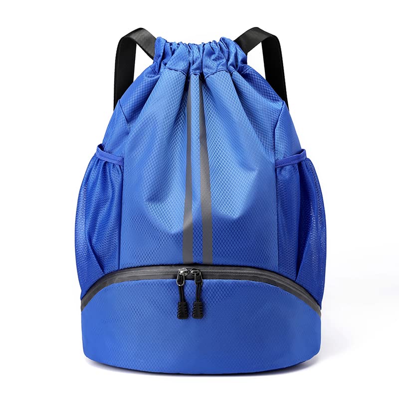 LOKAPEGY Drawstring Gym Bag for Men, Waterproof Drawstring Backpack for Women, Swim Bag with Shoes Compartment, Pull String Sport Bag for Soccer and Basketball. (Blue)