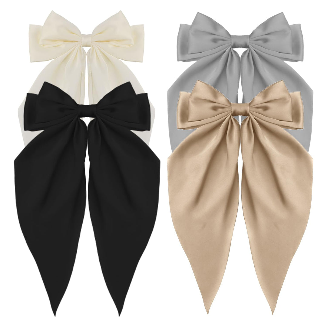 Atoden Oversized Long Tail Hair Accessories - Silky Satin Bowknot Barrettes With Metal Clips For Women In Beige, Grey, Khaki, An