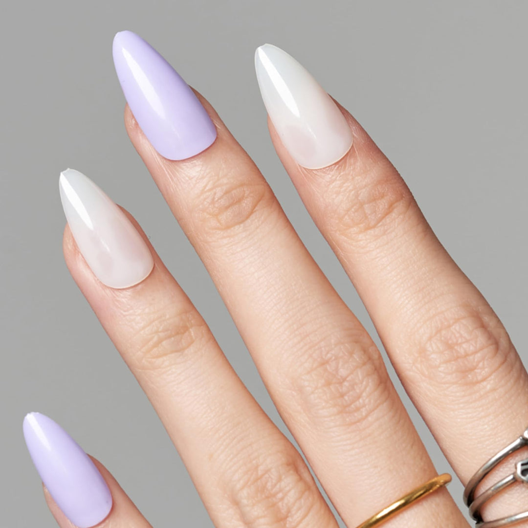 GLAMERMAID Press on Nails Medium Almond, Spring Summer Purple and White Gel Glue on Nail, 24Pcs Glossy Short Stiletto Reusable UV Finish Fake Nails Acrylic False Nails Manicure Kits for Women