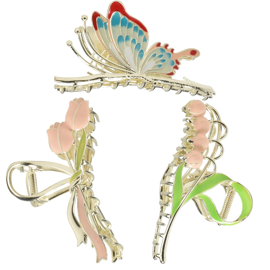 Yonchic 3-Piece Floral Metal Hair Accessories: Butterfly, Lily, Tulip Barrettes with Strong Hold and Non-Slip Design for Thin to Thick Hair