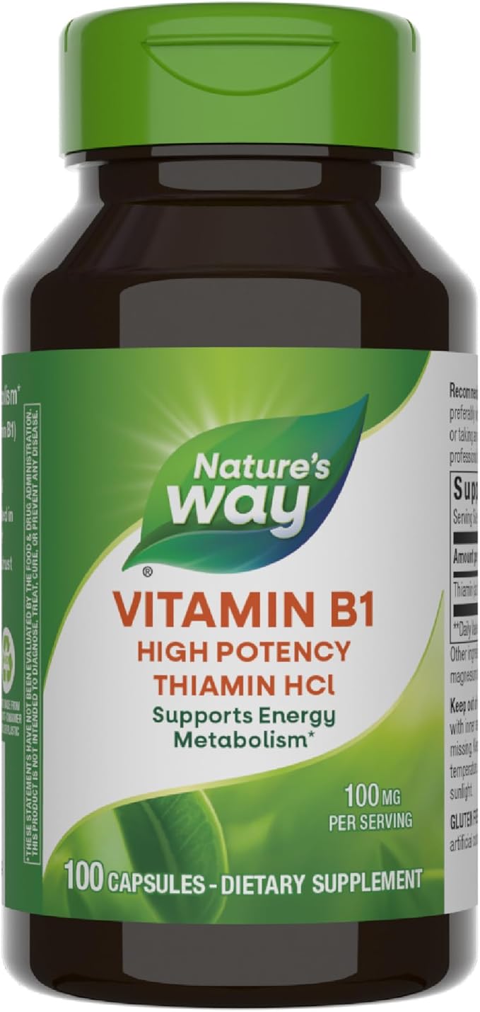 Nature's Way Vitamin B1, High Potency, 100 mg Thiamin per Serving, Thiamin HCl, Supports Energy Metabolism*, Gluten Free, 100 Capsules (Packaging May Vary)