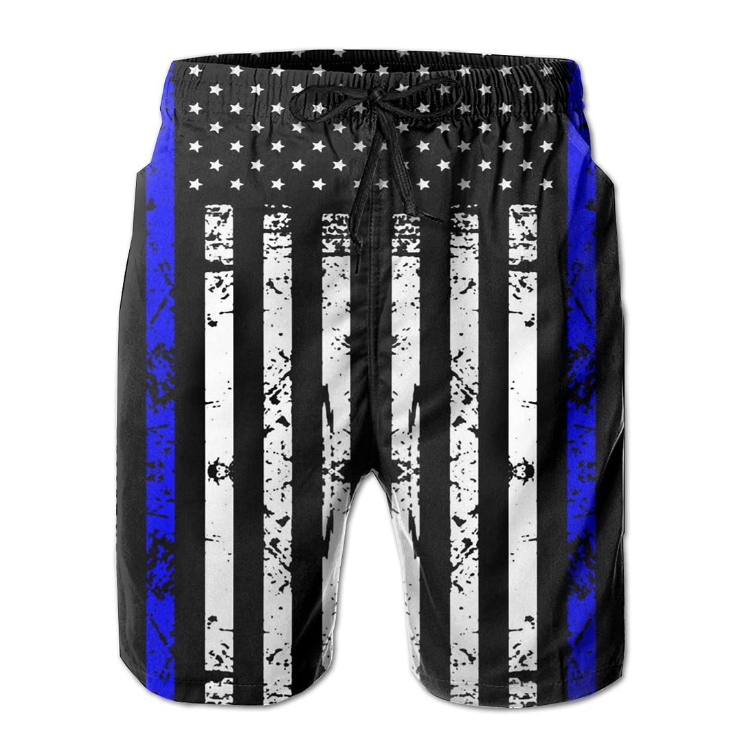 YPTBST Swim Trunks American Flag Thin Blue Line Day Men's Board Shorts Quick Dry Swimming Bathing Suits Cover Up with Pockets, Beach Swimwear with Inner Mesh Lining Large