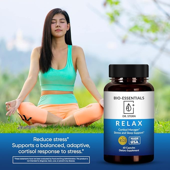 BIO-ESSENTIALS, Relax-Doctor formulated: Manages Stress, Promotes Deep Sleep, Improves Mood-W/Organic Holy Basil, Zinc, Magnesium, Vitamin B6, Magnolia Bark, L-Theanine, Vegan-Made in USA-60 Caps