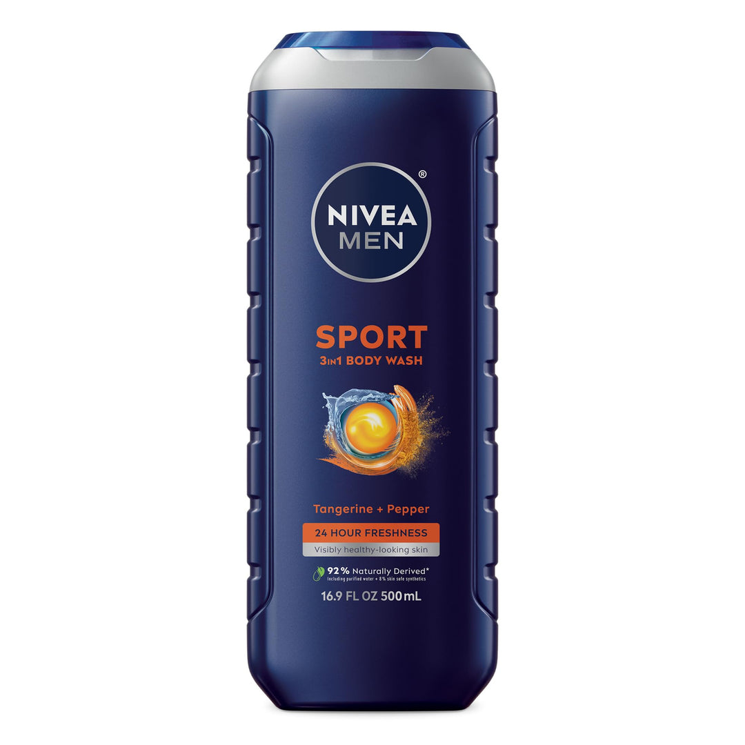 Nivea Men Sport Body Wash With Revitalizing Minerals, Tangerine And Pepper Scent, 3-In-1 Men'S Body Wash, Face And Hair, Paraben