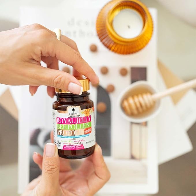 BEE and You Royal Jelly + Propolis + Bee Pollen Chewable Tablets - High Potency - No Artificial Flavor/Preservatives - No Added Sugar- No Soy/Milk/Gelatin/GMO/Gluten, 500 mg x 60 Tablets
