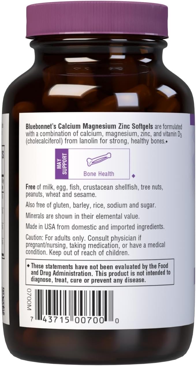 Bluebonnet Nutrition Calcium Magnesium Zinc Plus Vitamin D3, 1000 mg of Calcium, 500 mg of Magnesium and 15 mg of Zinc, 400 IU Vitamin D3, For Strong Healthy Bones*, Gluten-Free, Dairy-Fee, 60 softgel