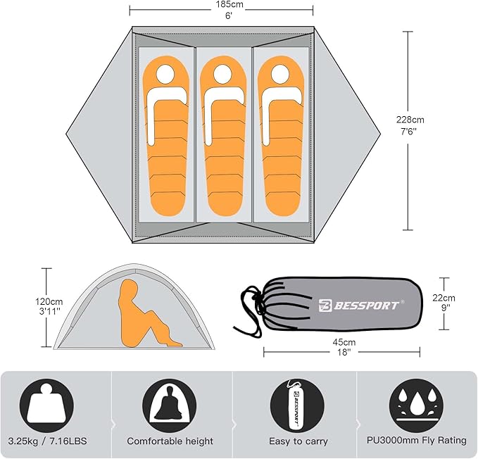 Bessport Camping Tent for 2-3 Person, Lightweight Backpacking Tent Waterproof Windproof Two Doors Easy Setup Double Layer Outdoor Tents for 3 to 4 Seasons, Suitable for Outdoor,Hiking,Camping