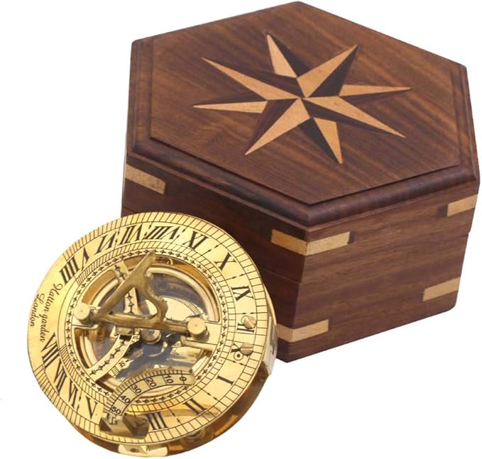 Antique Reproduction Hatton Garden Brass Sundial Compass with Compass Rose Inlaid Hardwood Case – Unique Gift for Someone Special – Great for Father’s Day, Boss, or Groomsmen Gift