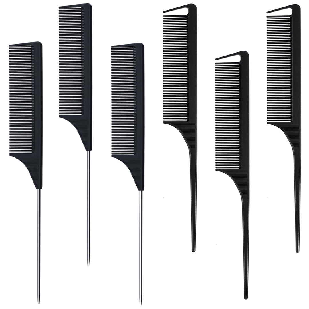 Modengkongjian 6 Packs Hair Rat Tail Combs Parting Rattail Combs Carbon Fiber Heat Resistant Teasing Combs With Stainless Steel