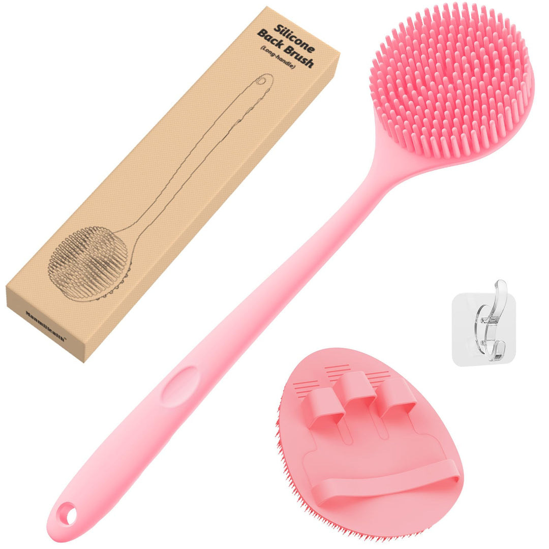 Manmihealth Silicone Back Scrubber(Thick Bristles) & Soft Bath Glove Set, Super-Exfoliating Body Scrubber & Super-Lathering Shower Brush Combination, with a Free Hook.(Pink)
