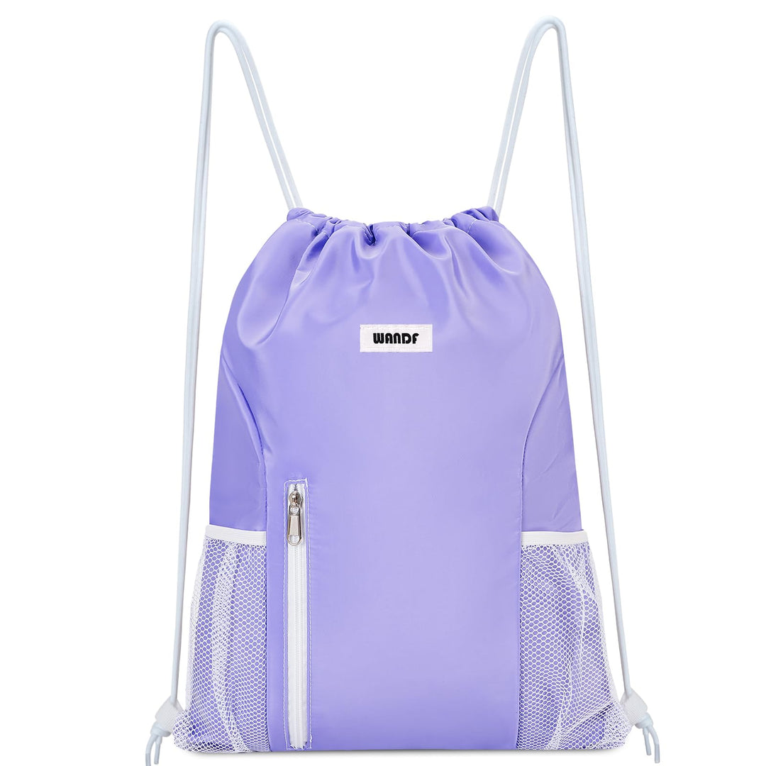 WANDF Drawstring Backpack Sports Gym Sackpack with Mesh Pockets Water Resistant String Bag for Women Men (Purple)