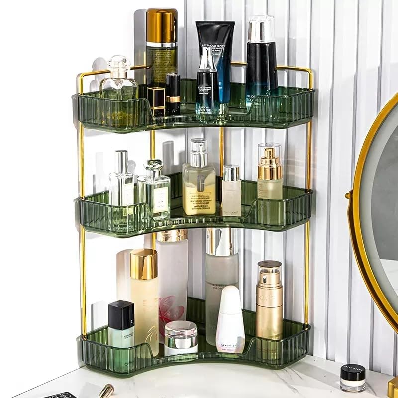 Corner Vanity Organiser - 3 Tier Green Bathroom Counter Shelf for Skincare, Makeup, Toiletries & Lotions
