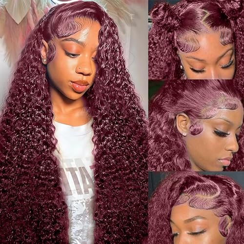 99j Burgundy Lace Front Wigs Human Hair 28 Inch Deep Wave Lace Front Wigs Human Hair Pre Plucked Red Curly Human Hair Wig 13x4 HD Colored Frontal Glueless Wet and Wavy Loose Deep Wave