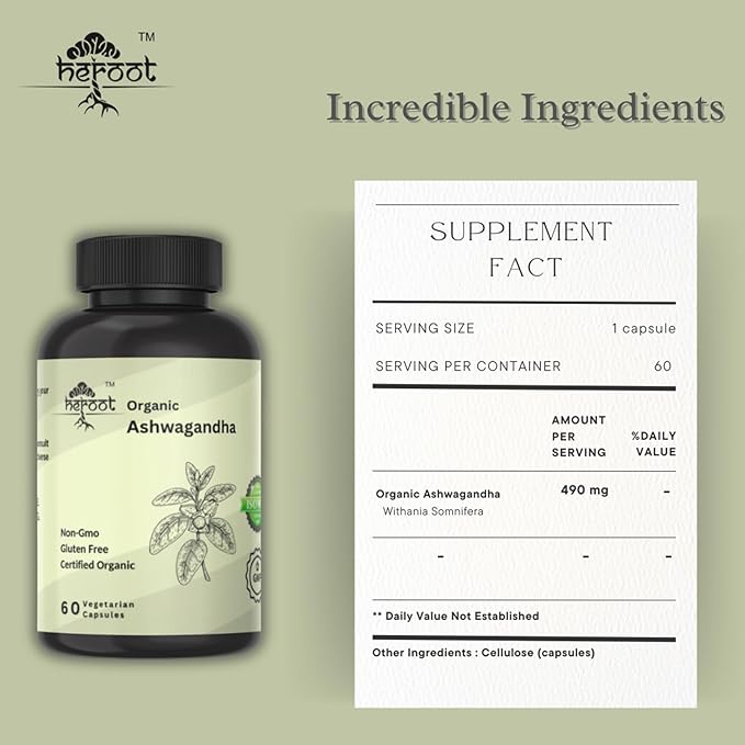 Organic AshwagandhaCapsules Pure Organic Ashwagandha Powder and Root Extract - Stress Relief, Mood Enhancer (Pack of 120 Capsule)