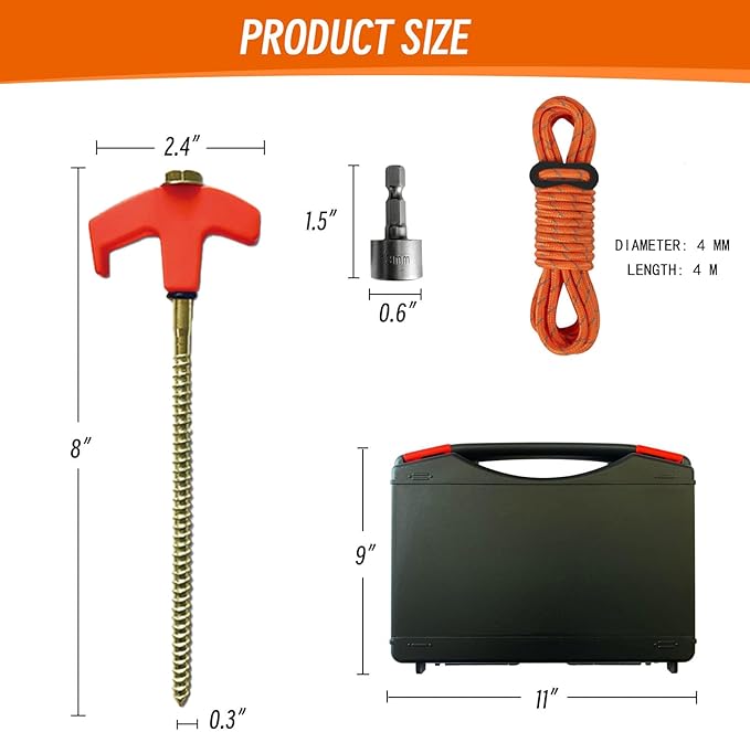 12 Pack Tent Stakes Heavy Duty, Screw in Tent Stakes Heavy Duty, Metal Tent Stakes, 8" Tent Pegs, Camping Stakes, with 1 Hex Head Driver, 1Stopper T Pull Hook, with 4 X 13ft Ropes,Storage Box (A1)