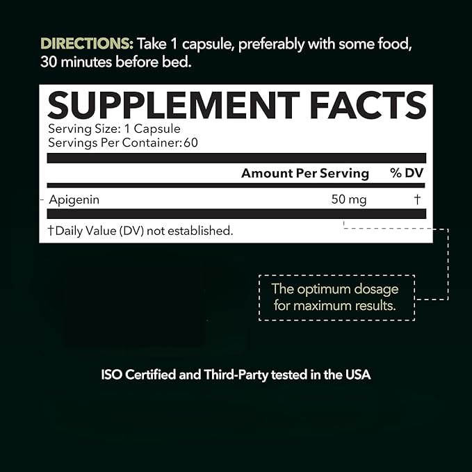 Apigenin Capsules 50mg - 60 Count, Vegan, Non-GMO, Sleep & Cognitive Support Supplement - Chamomile Flavonoid for Relaxation, Prostate Health, Melatonin-Free, Liposomal Formula for Enhanced Absorption