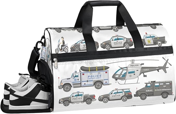 Police Car Dry Wet Depart Duffle Overnight Bag with Shoes Compartment & Wet Pockets, Policeman Motorbike Water Resistant Weekender Travel Gym Pouch For Swim Gymnastics Ballet Sleepovers