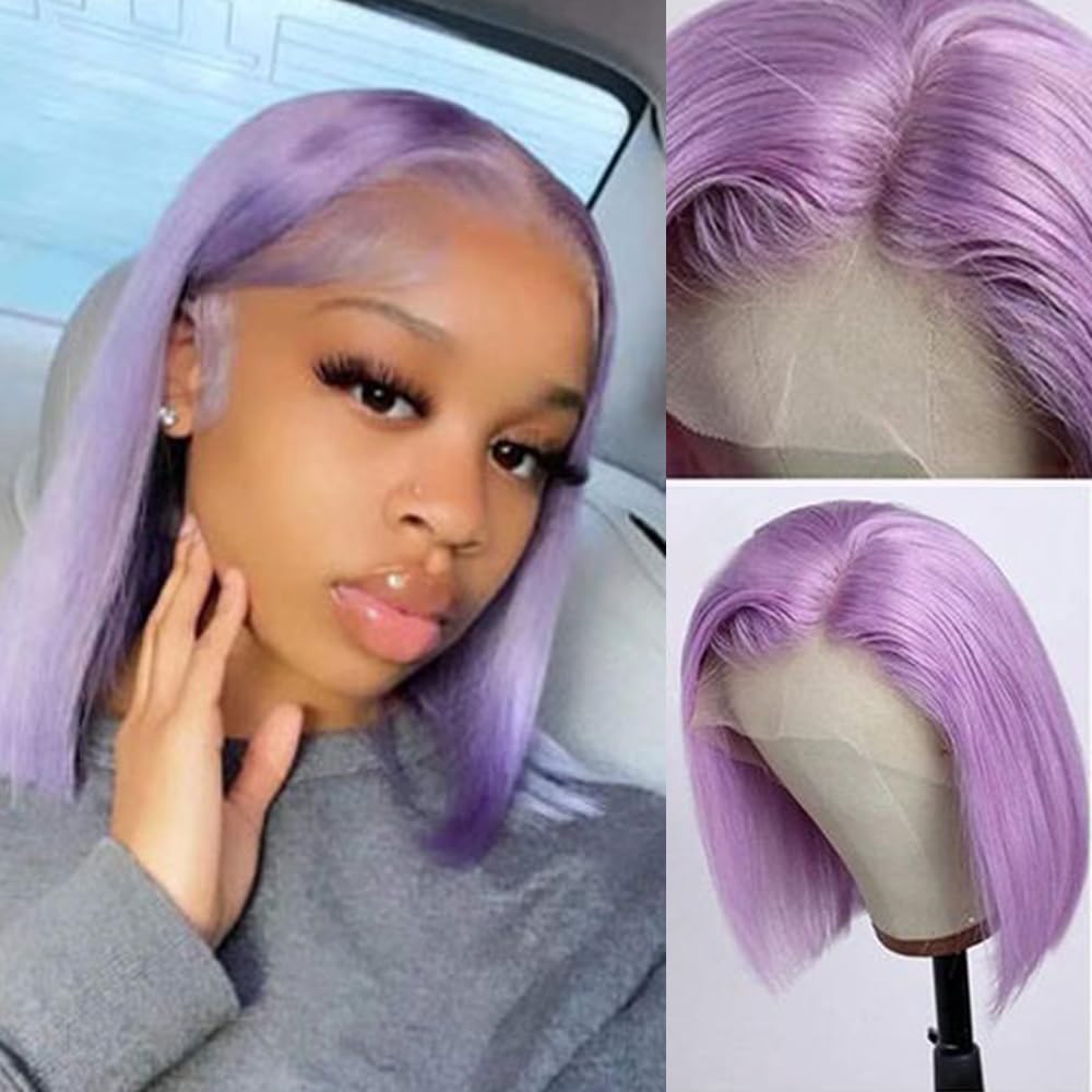 Wear And Go Glueless Bob Wig Human Hair 13X4 Hd Lilac Lace Frontal Wigs Remy Human Hair 150% Density Purple Lace Frotal Bob Wigs