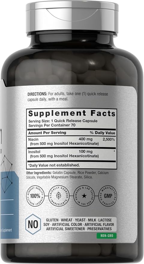 Horbaach Niacin 500mg | 70 Capsules | Flush Free Supplement | as Inositol Hexanicotinate | Non-GMO and Gluten Free