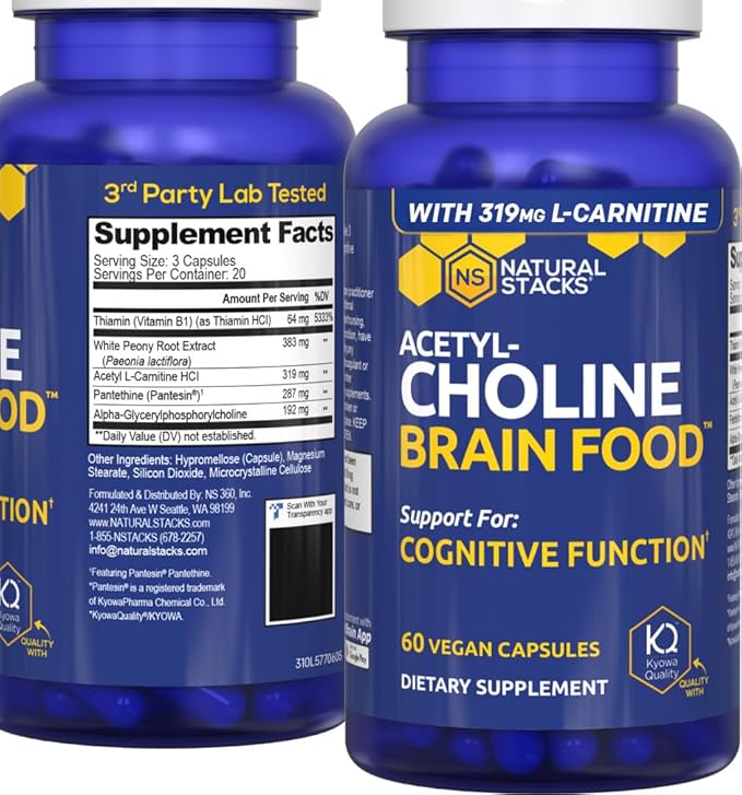 Acetylcholine Brain Food - Acetyl L-Carnitine & Alpha GPC Supplement - Supports Production of Acetylcholine - Neurotransmitter Supplement for Cognitive Function - 60 Capsules
