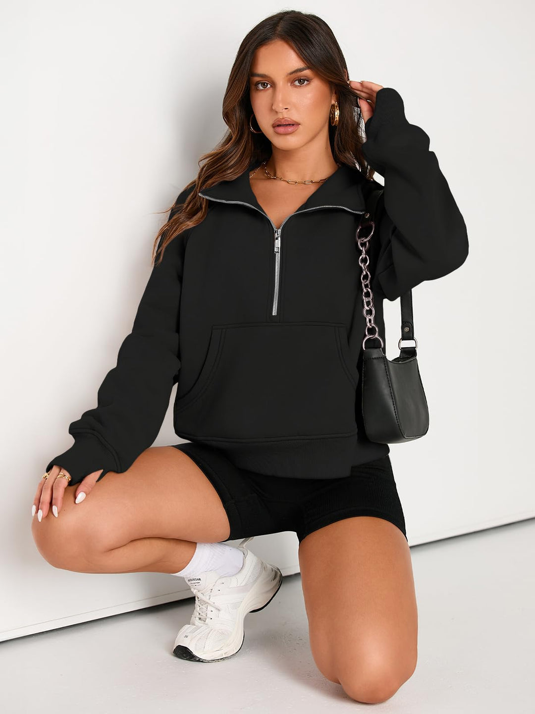 AUTOMET Womens Sweatshirts Long Sleeve Tops Hoodies Shirts Half Zip Pullover Cropped Oversized 2024 Fall Fashion Outfits Sweaters Black