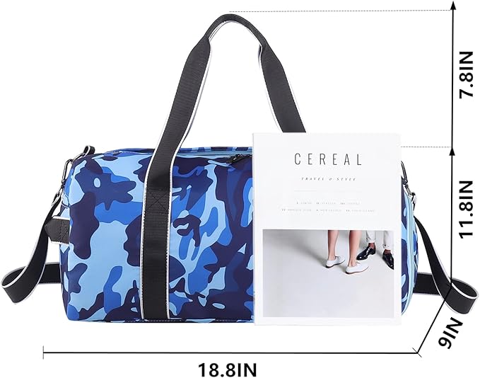 Kids Overnight Duffle Bag Girls Boys Sports Gym Bag with Shoe Compartment Wet Pocket Camouflage travel bag (Blue)