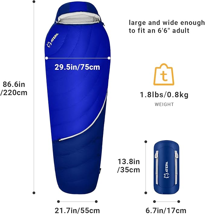 ATEPA Down Sleeping Bag for Adults, 650FP Ultralight 3 Season Compact Packable Sleeping Bag with Compression Sack for Camping Backpacking Hiking
