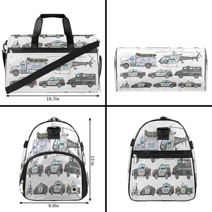 Police Car Dry Wet Depart Duffle Overnight Bag with Shoes Compartment & Wet Pockets, Policeman Motorbike Water Resistant Weekender Travel Gym Pouch For Swim Gymnastics Ballet Sleepovers