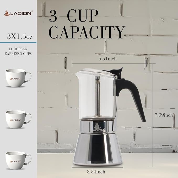 Stovetop Espresso Maker, 3Cup 360ml Moka Pot, Crystal Glass-top & Stainless Steel Coffee Maker Mocha Pot, Greca De Cafe, Cuban and Italian Coffee Maker for Cafetera Cubana