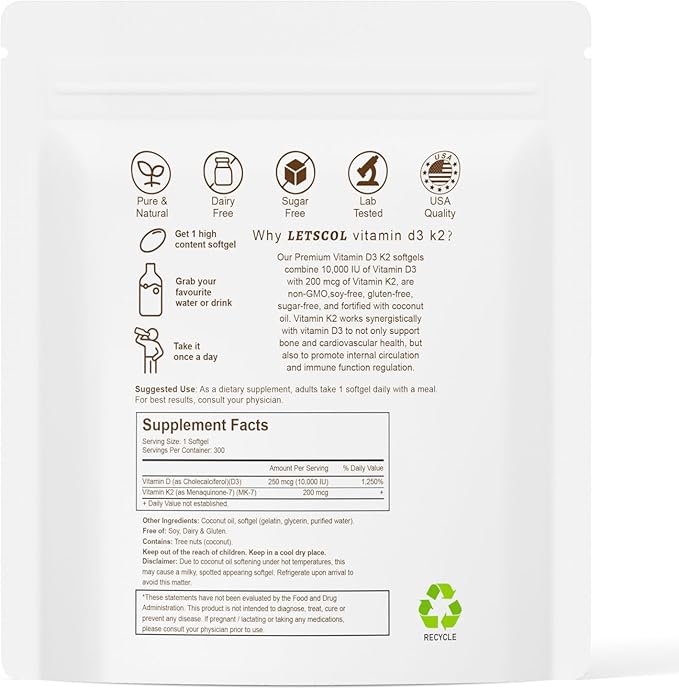 2-in-1 Vitamin D3 K2 Supplement Softgel, Vitamin D3 10000 IU and Vitamin K2 200 mcg, K2 MK7 with D3 Vitamin Supplement Support Immune, Heart, Joint, Teeth & Bone Health