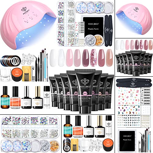 Modelones Poly Nail Gel Kit 8 Rosy Pink Colors with 48W U V/LED Lamp Poly Extension Gel Complete Nail Art Tools Professional Starter Manicure Kit Supplies Rhinestone Glitters Beauty Gift DIY at Home