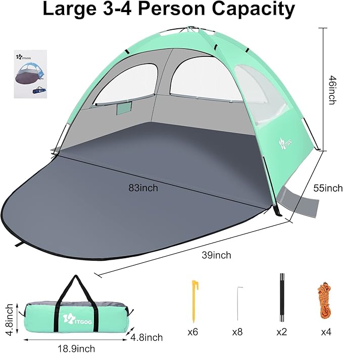 Beach Tent Sun Shelter for 3-4Person, Lightweight Beach Tent with UV Protection, 3 Mesh Roll Up Windows & 8.0mm Fiberglass, Easy Assemble