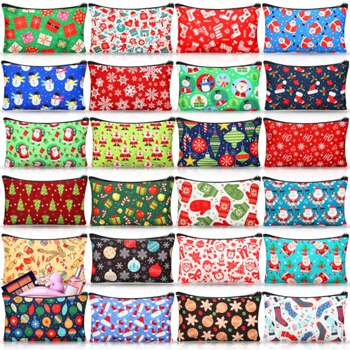 SilTriangle 24 Pieces Makeup Bags Bulk Canvas Cosmetic Bags Purse Organizer Zipper Cosmetic Pouch Portable Travel Toiletry Pouch for Women Men Gifts, 7 x 4 Inch (Christmas)