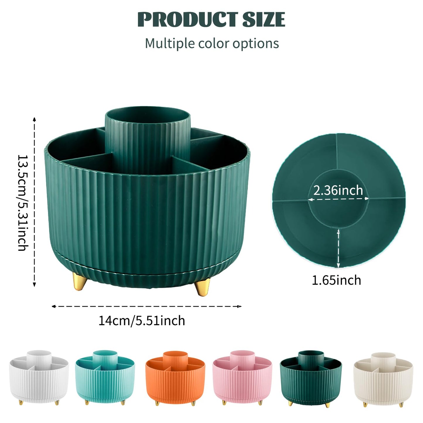 360° Rotating Makeup Organiser, Make Up Brush Holder with 5 Compartments, Desk Storage Container for Bedroom Dressing Table Cosmetics Organizer, Office Stationery Storage, Desktop Pen Holders (Green)