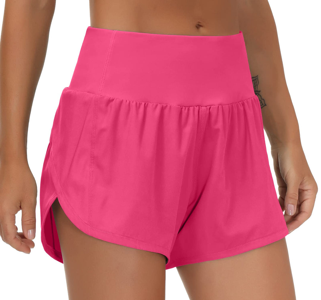 THE GYM PEOPLE Womens High Waisted Running Shorts Quick Dry Athletic Workout Shorts with Mesh Liner Zipper Pockets (Bright Pink, X-Small)