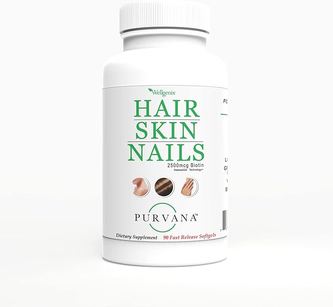 Wellgenix Purvana Hair, Skin, and Nails Vitamin Softgels for High Absorption - Double Strength 2500mcg Biotin, VIT A & B (90 Count) 2 Pack